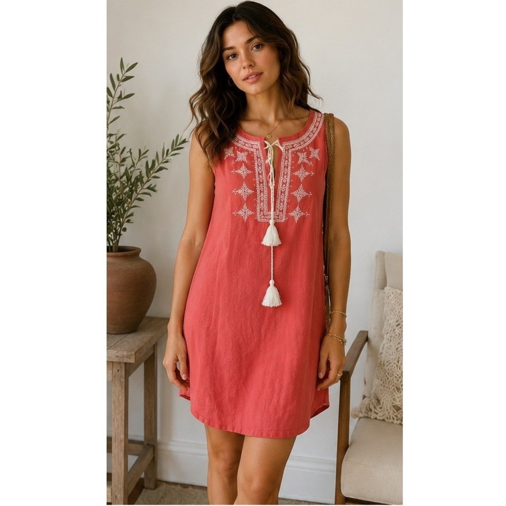 Ganji LA Shift Dress Womens Small Boho Embroidered Tassel Coral Cotton JKD2093